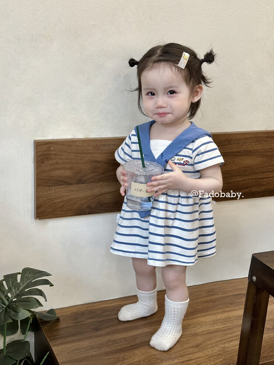 FADOBABY Girls' Navy Collar Striped Short Sleeve Summer Dress Newborn Toddler Cotton Princess Dress Summer 11
